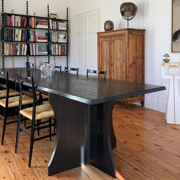 Large coffee table in solid oak and black stained, inspired by monastery refectories, signed Antoine Vignault