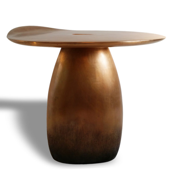 Poetic solid oak side table signed Hoon Moreau, artist designer of unique carved wood furniture