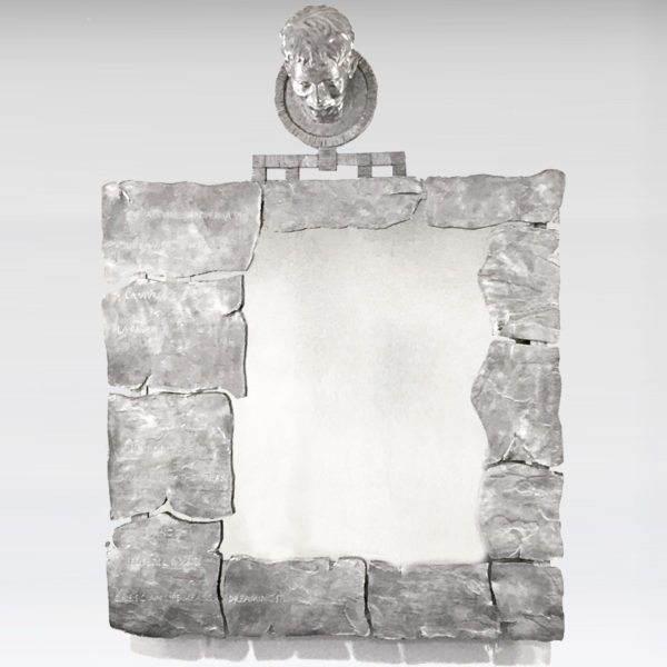 Aluminium foundry mirror signed Cécile Ballureau, anthropomorphic atypical furniture designer