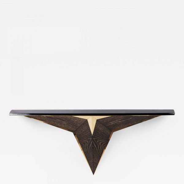 Contemporary suspended console in oak and gilded brass, signed Antoine Vignault, artist designer in Toulouse