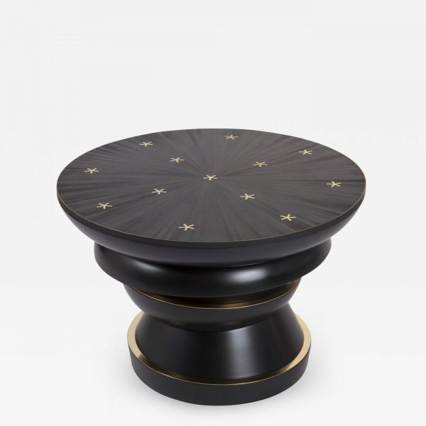 Large side table in black lacquer, brass and straw marquetry, signed Antoine Vignault