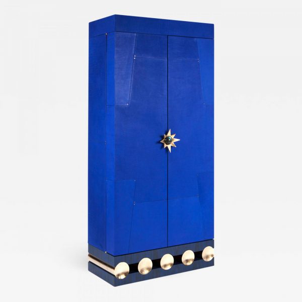Cabinet orignal gainé de cuir bleu et bronze doré, signé Antoine Vignault, artiste designer à Toulouse