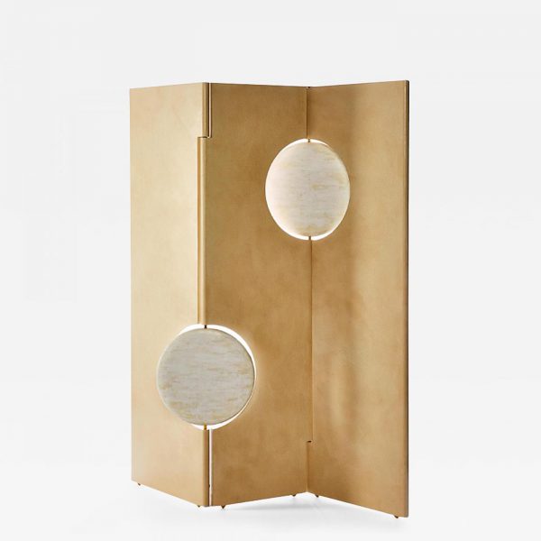 Foldable contemporary screen with trompe l'oeil paint effect leather and travertine, signed Aurelia Bire