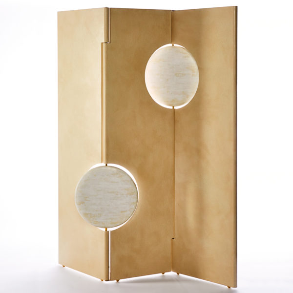 Foldable contemporary screen with trompe l'oeil paint effect leather and travertine, signed Aurelia Bire