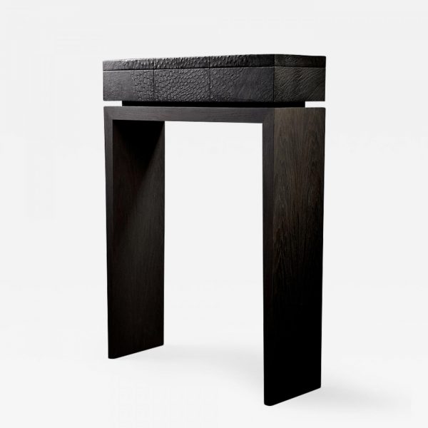 Ostrich leather-wrapped oak console with cigar box and humidifier, by David Rosenblum