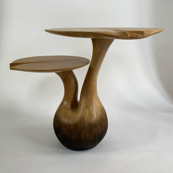 Poetic solid oak side table signed Hoon Moreau, artist designer of unique carved wood furniture