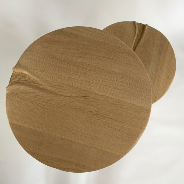 Poetic solid oak side table signed Hoon Moreau, artist designer of unique carved wood furniture