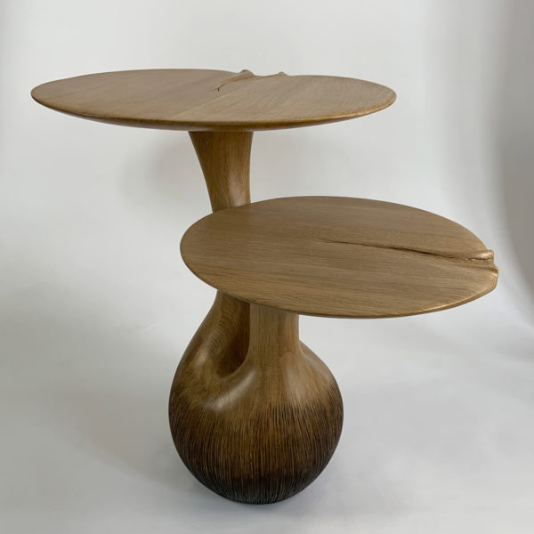 Poetic solid oak side table signed Hoon Moreau, artist designer of unique carved wood furniture