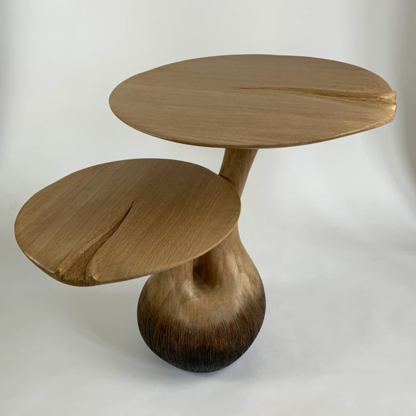Poetic solid oak side table signed Hoon Moreau, artist designer of unique carved wood furniture