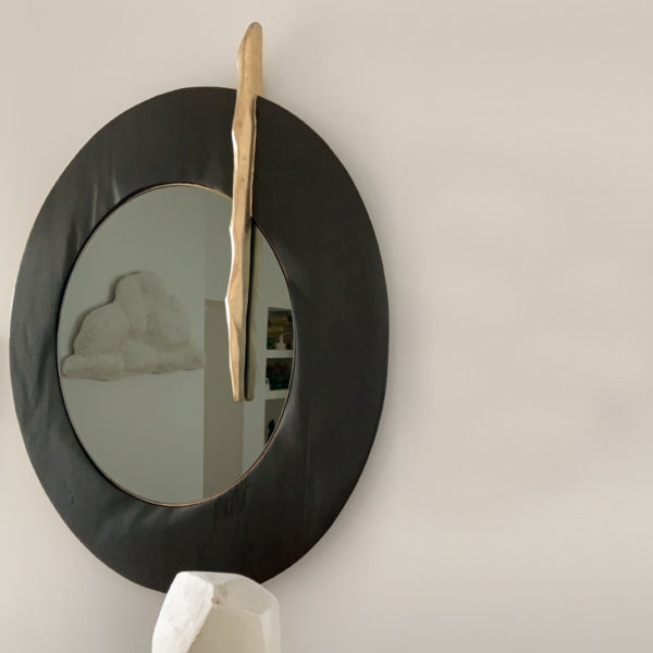 Contemporary silver mirror with carved wooden frame signed Hoon Moreau, artist designer of unique and poetic design objects