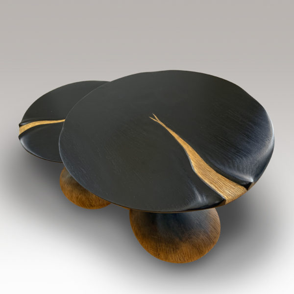 Pair of solid oak side tables signed Hoon Moreau, artist designer of unique carved wood furniture