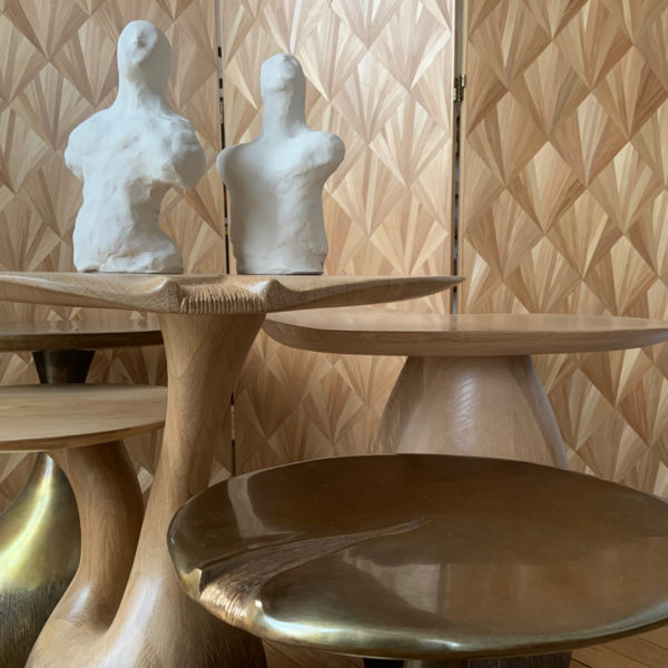 Side table poetic design in solid oak signed Hoon Moreau, artist designer of unique furniture in carved wood