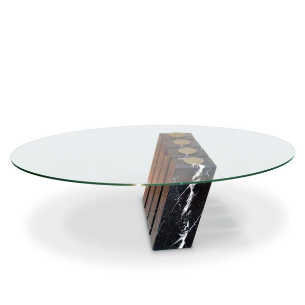 Table de salon contemporaine ovale en verre et marbre signée Vincent Poujardieu, designer de meubles et luminaires d'exception