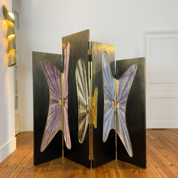 Folding screen in oak, brass and silk threads signed Hoon Moreau, artist designer of unique carved wooden furniture