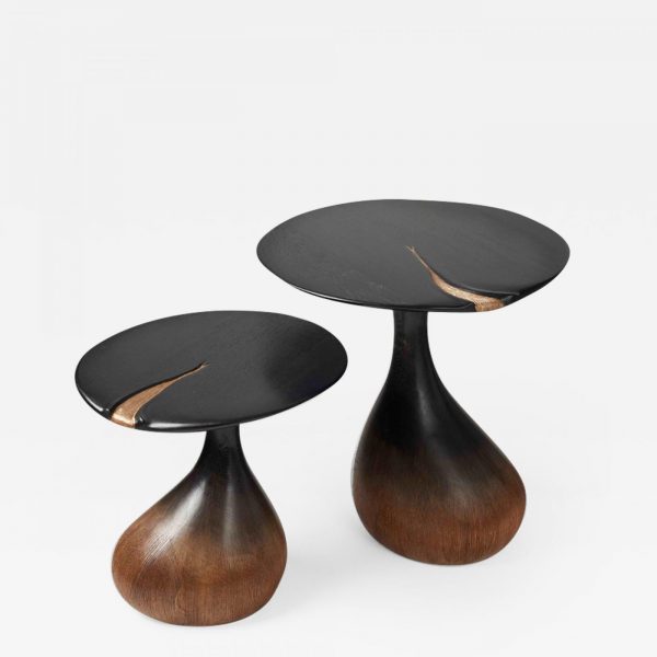 Pair of solid oak side tables signed Hoon Moreau, artist designer of unique carved wood furniture