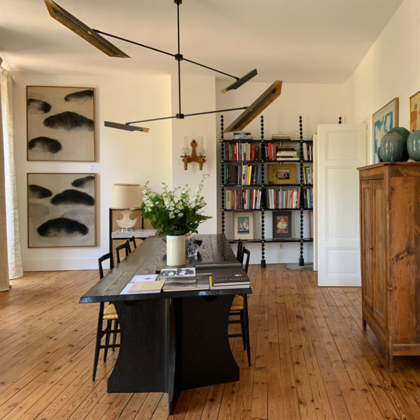 Large coffee table in solid oak and black stained, inspired by monastery refectories, signed Antoine Vignault