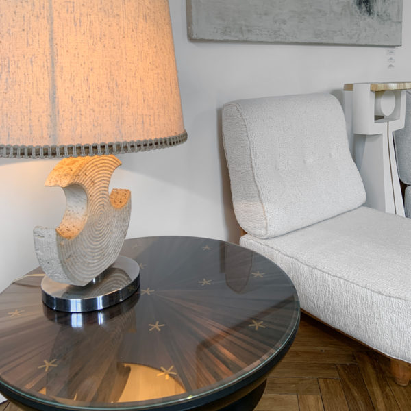 Large side table in black lacquer, brass and straw marquetry, signed Antoine Vignault