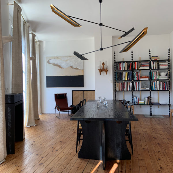 Architectural pendant lamp in black steel and gold-plated aluminium signed Pierre Mounier & William Guillon