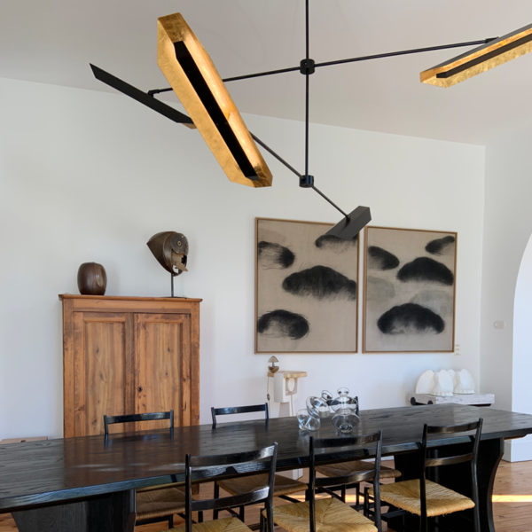 Architectural pendant lamp in black steel and gold-plated aluminium signed Pierre Mounier & William Guillon