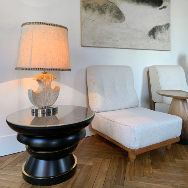 Large side table in black lacquer, brass and straw marquetry, signed Antoine Vignault