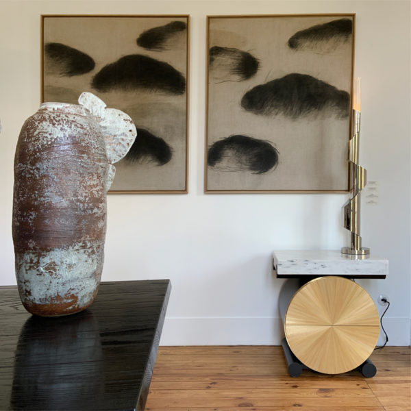 Side tables in black lacquer, brass and straw marquetry, signed Antoine Vignault