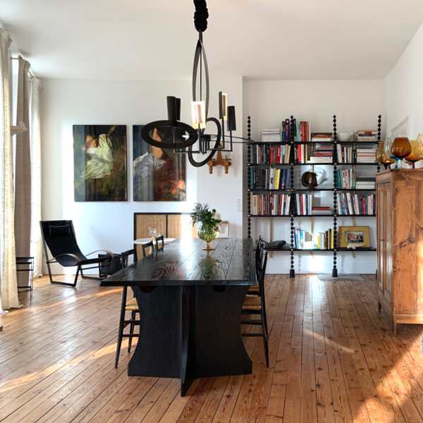 Large coffee table in solid oak and black stained, inspired by monastery refectories, signed Antoine Vignault