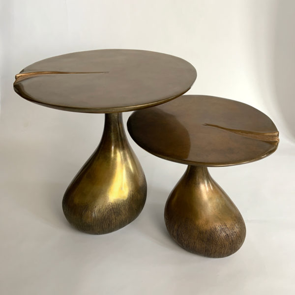 Side table poetic design in solid oak signed Hoon Moreau, artist designer of unique furniture in carved wood