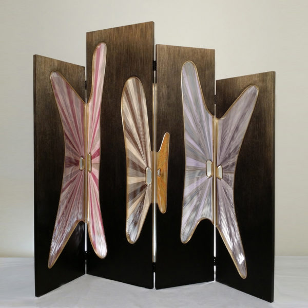 Folding screen in oak, brass and silk threads signed Hoon Moreau, artist designer of unique carved wooden furniture