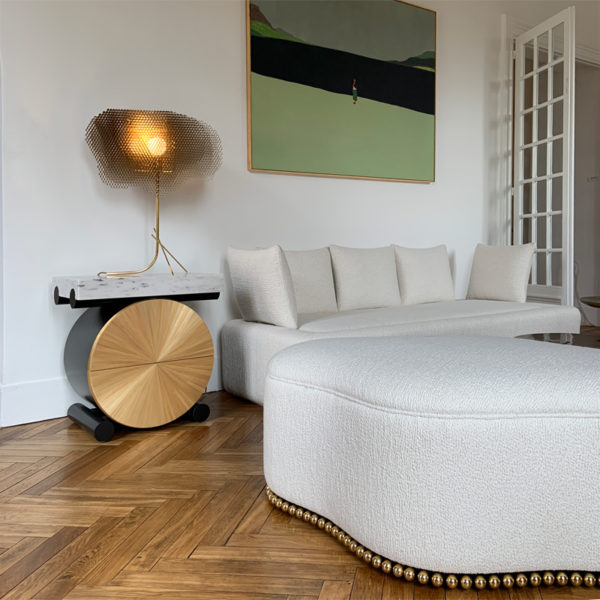 Side tables in black lacquer, brass and straw marquetry, signed Antoine Vignault