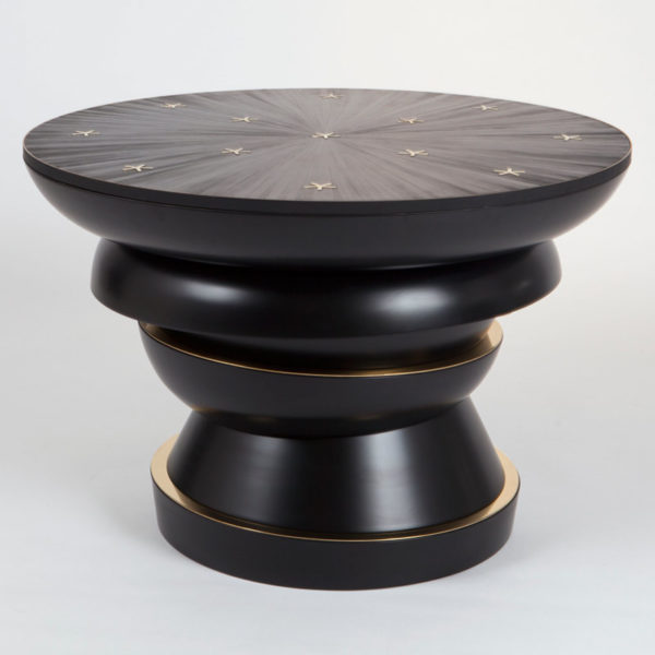 Large side table in black lacquer, brass and straw marquetry, signed Antoine Vignault