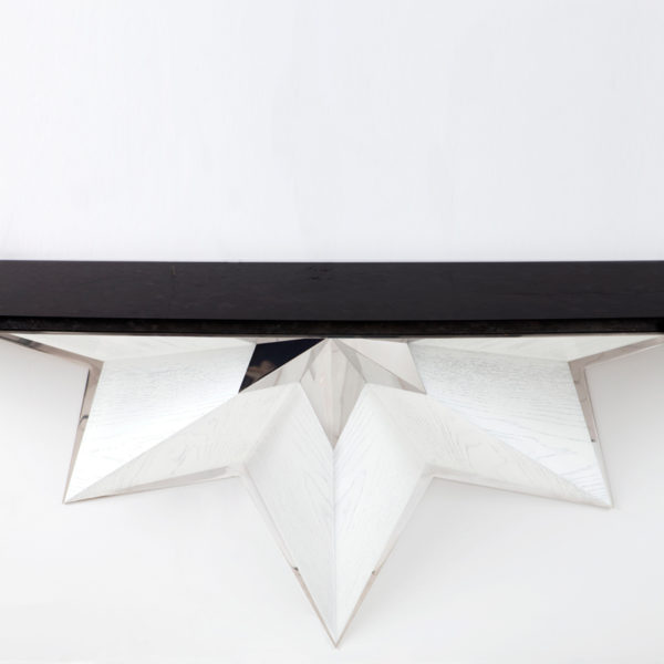Contemporary suspended console in silver oak and polished steel, signed Antoine Vignault