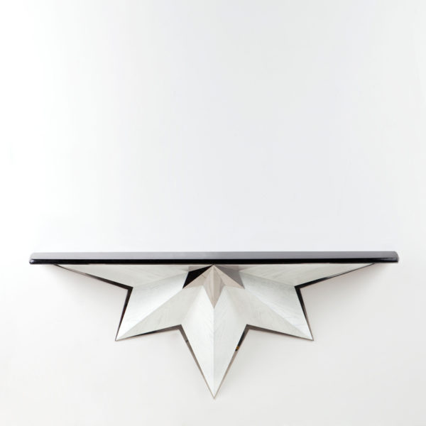 Contemporary suspended console in silver oak and polished steel, signed Antoine Vignault