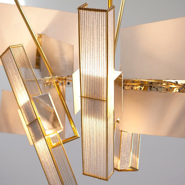 Contemporary pendant lamp in gilded brass, plaster and glass beads, signed Gareth Devonald Smith