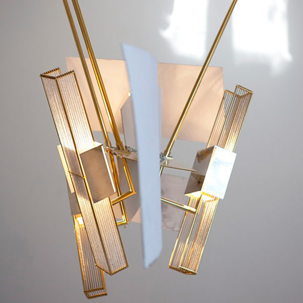 Contemporary pendant lamp in gilded brass, plaster and glass beads, signed Gareth Devonald Smith