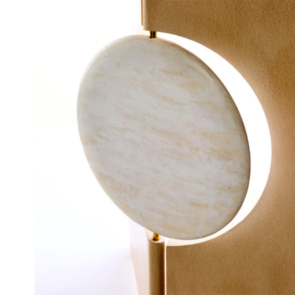Foldable contemporary screen with trompe l'oeil paint effect leather and travertine, signed Aurelia Bire