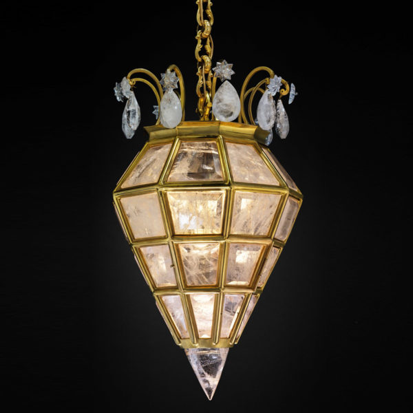 Pendant lamp in gilded bronze and rock crystal signed Alexandre Vossion, artist designer of exceptional lighting