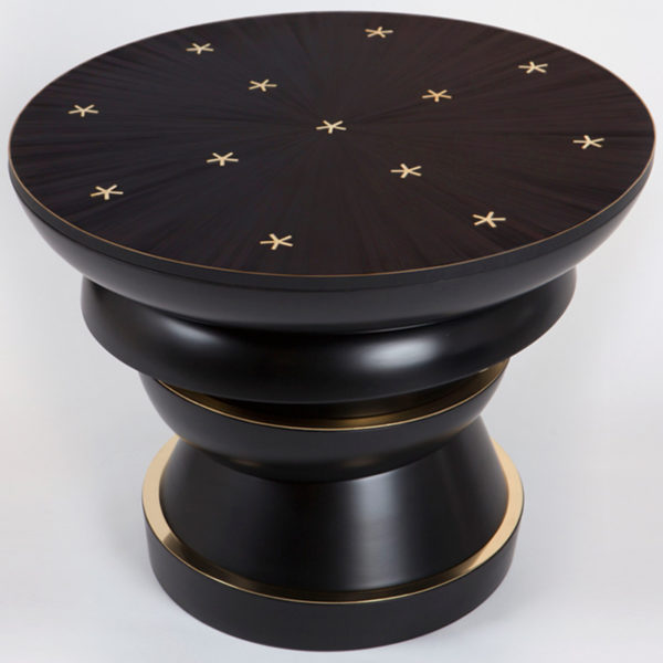 Large side table in black lacquer, brass and straw marquetry, signed Antoine Vignault