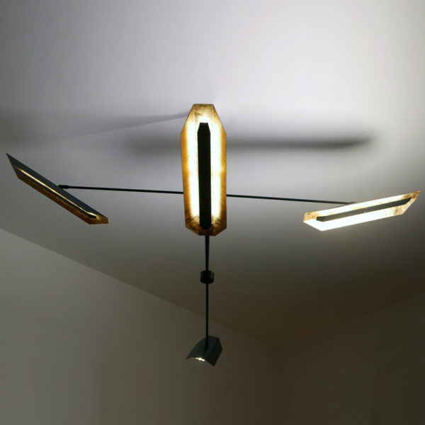 Architectural pendant lamp in black steel and gold-plated aluminium signed Pierre Mounier & William Guillon