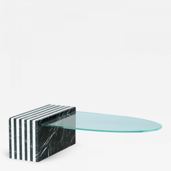 Table basse lumineuse en marbre carrare, marquina et verre trempé signée Vincent Poujardieu, designer de meubles et luminaires d'exception