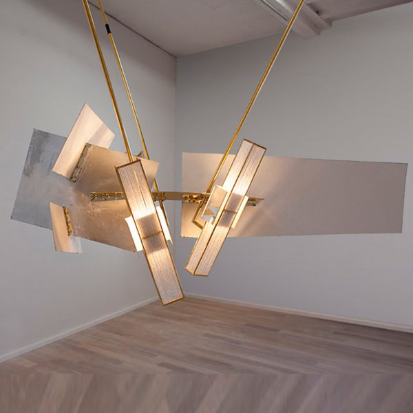 Contemporary pendant lamp in gilded brass, plaster and glass beads, signed Gareth Devonald Smith