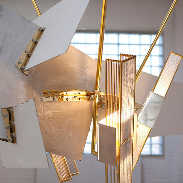 Contemporary pendant lamp in gilded brass, plaster and glass beads, signed Gareth Devonald Smith