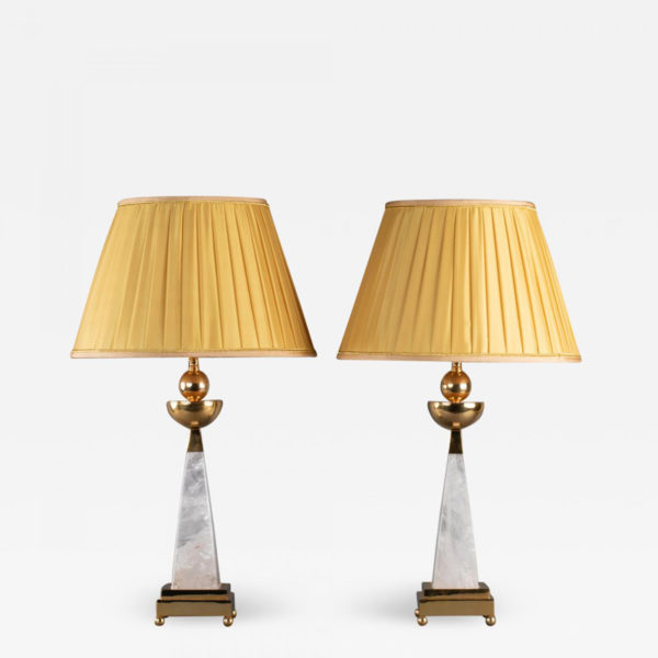 Pair of handmade brass and rock crystal lamps designed by Alexandre Vossion