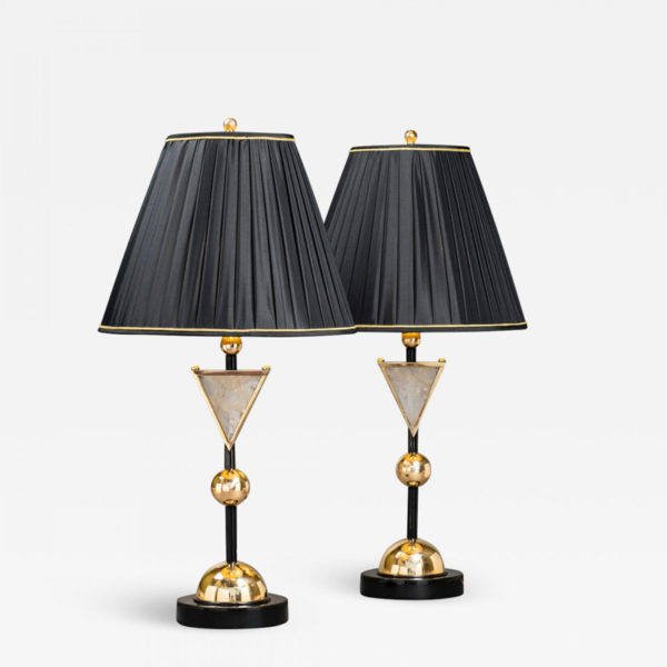 Pair of handmade brass and rock crystal lamps designed by Alexandre Vossion