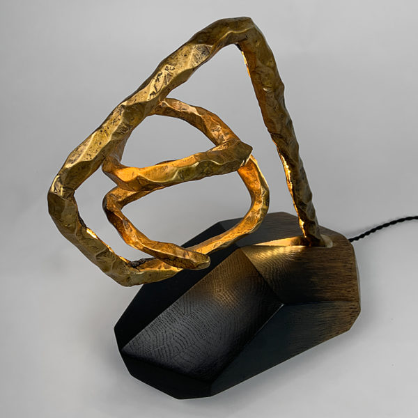 Luminous sculpture in oak and bronze signed Hoon Moreau, painter, sculptor and designer