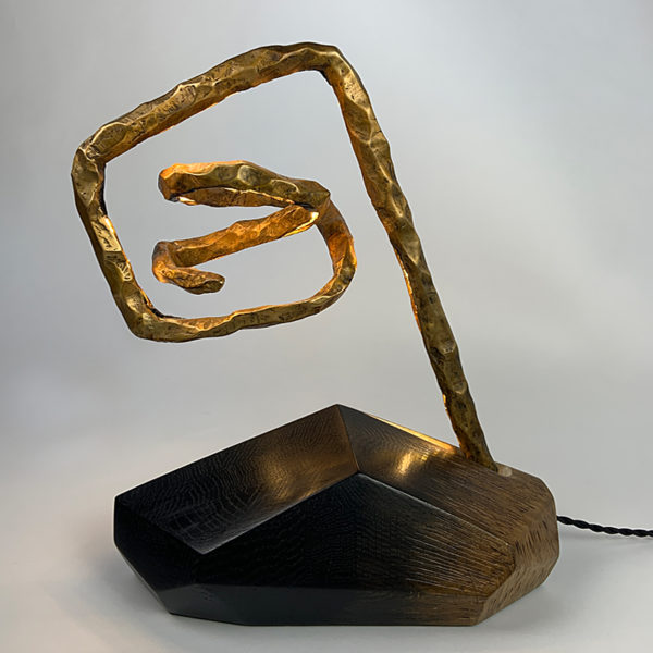 Luminous sculpture in oak and bronze signed Hoon Moreau, painter, sculptor and designer