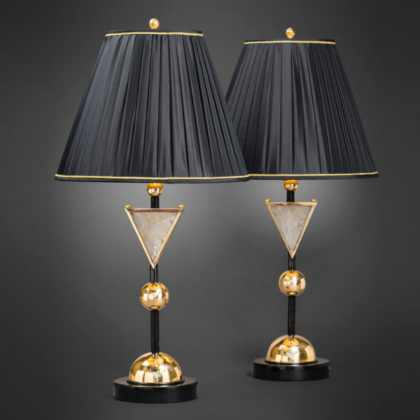 Pair of handmade brass and rock crystal lamps designed by Alexandre Vossion