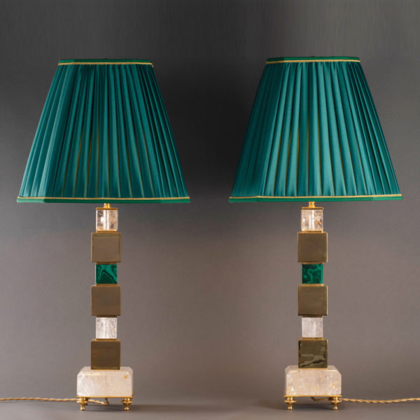 Pair of handmade brass and rock crystal lamps designed by Alexandre Vossion