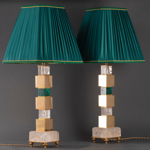 Pair of handmade brass and rock crystal lamps designed by Alexandre Vossion