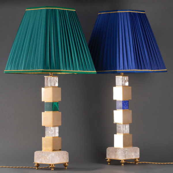 Pair of handmade brass and rock crystal lamps designed by Alexandre Vossion