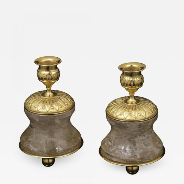 Pair of handmade brass and rock crystal lamps designed by Alexandre Vossion